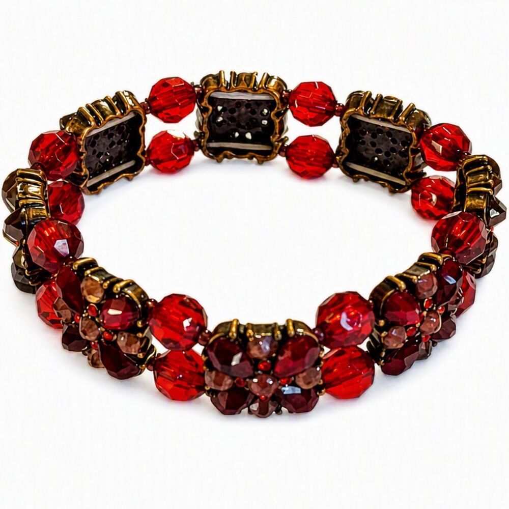 VTG Style Bronze Tone Metal Red Faceted Beaded Stretch Bracelet Floral Design